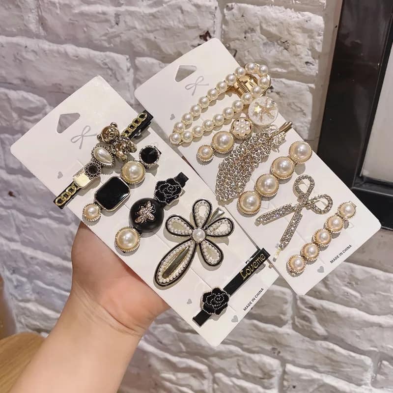 Picture of 5pcs Hair Clip Set Hair Pins Korean Fashion Shiny Crystal Rhinestone Hair Clip Hair Accessories For Women Black Int: One size
