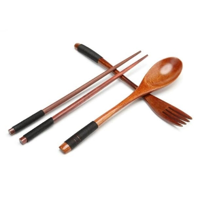 Picture of 4 Piece Reusable Wooden Cutlery Set for Beginners (Black) Brown 