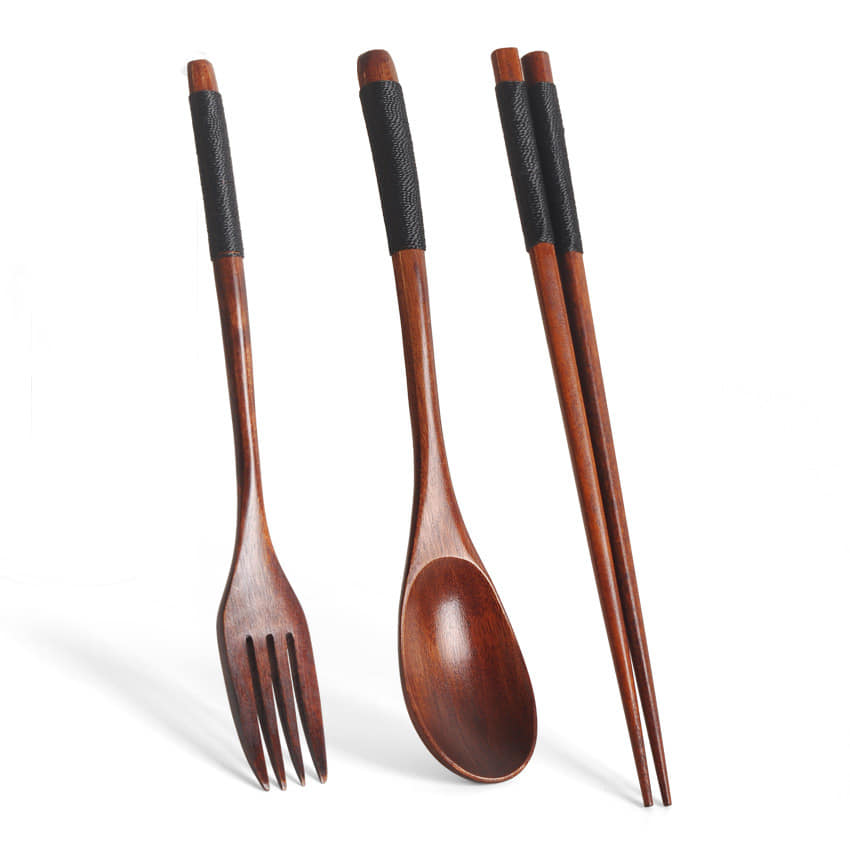 Picture of 4 Piece Reusable Wooden Cutlery Set for Beginners (Black) Brown 