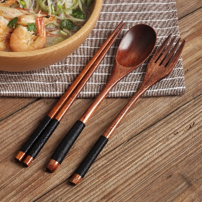 Picture of 4 Piece Reusable Wooden Cutlery Set for Beginners (Black) Brown 
