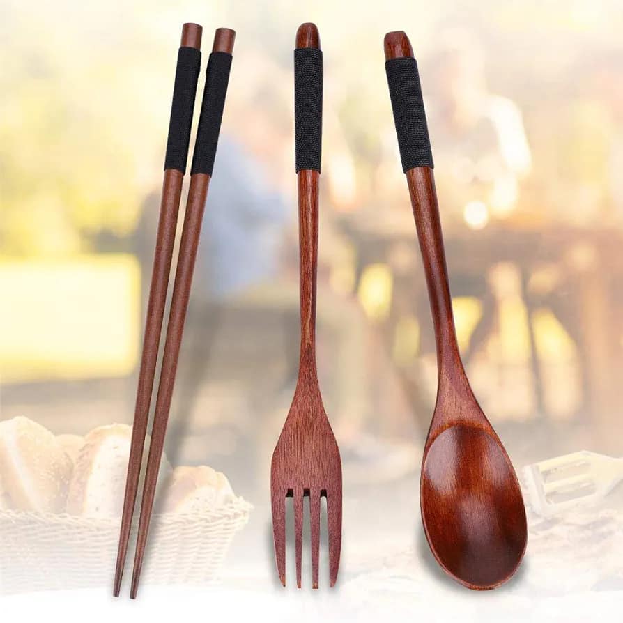 Picture of 4 Piece Reusable Wooden Cutlery Set for Beginners (Black) Brown 