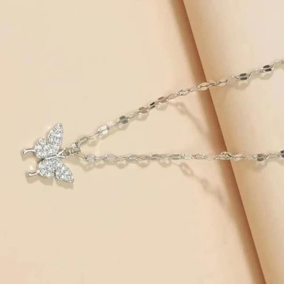 Picture of Butterfly pendant necklace with rhinestone Silver Adjustable