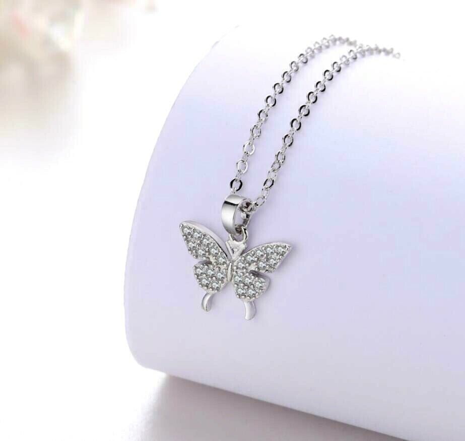 Picture of Butterfly pendant necklace with rhinestone Silver Adjustable