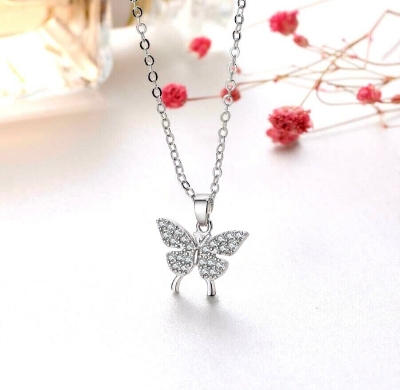 Picture of Butterfly pendant necklace with rhinestone Silver Adjustable