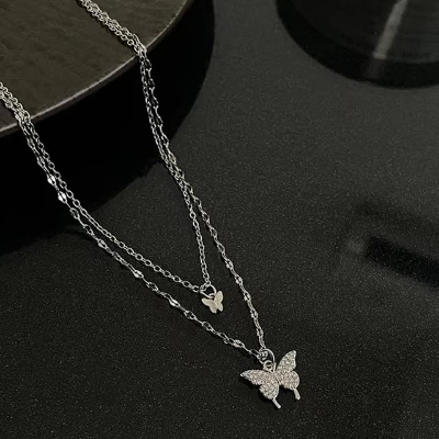 Picture of Silver Simple Brilliant Butterfly Pendant with Cubic Zirconia and Necklace Silver Adjustable