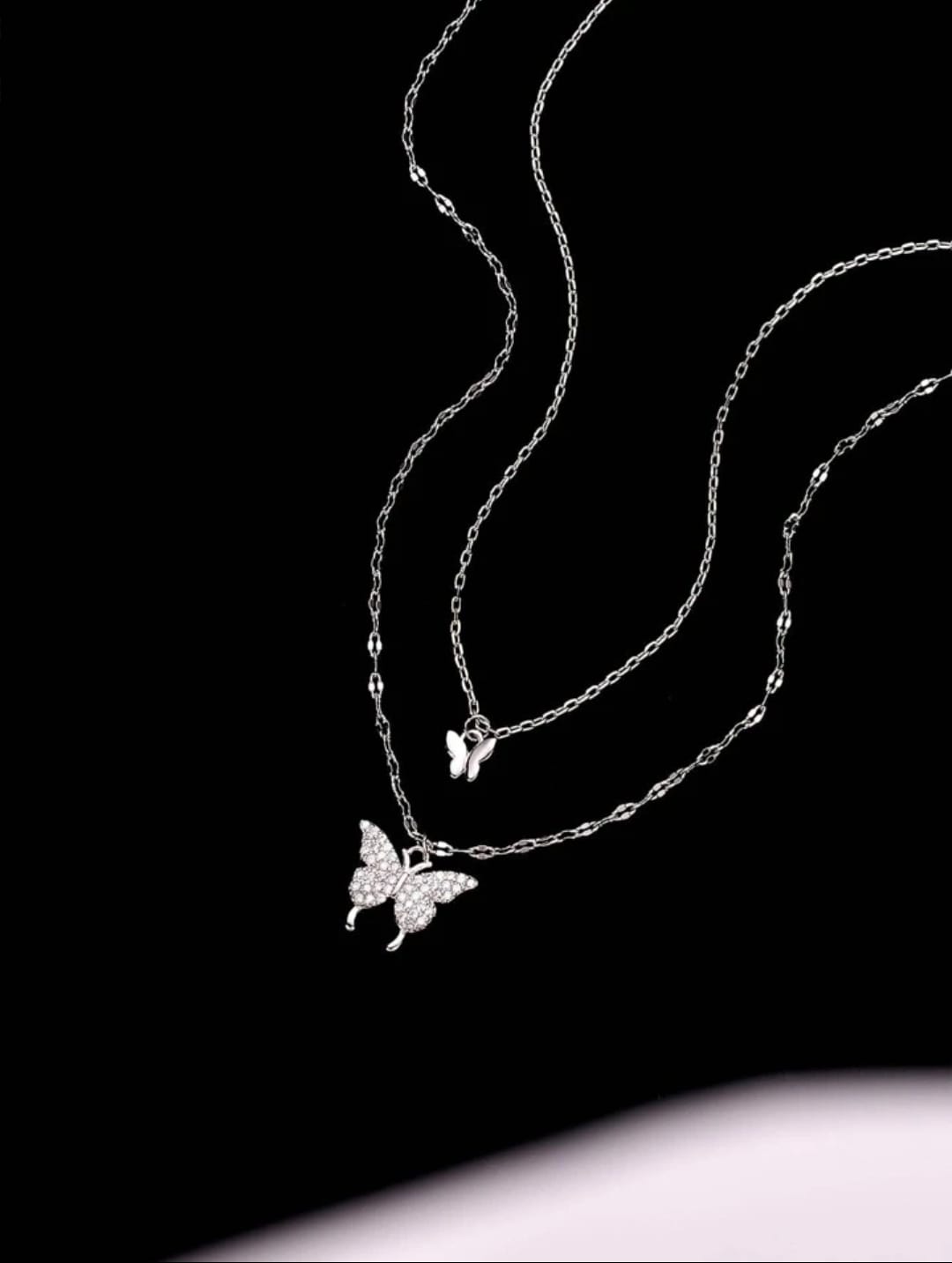 Picture of Silver Simple Brilliant Butterfly Pendant with Cubic Zirconia and Necklace Silver Adjustable