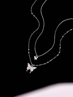 Picture of Silver Simple Brilliant Butterfly Pendant with Cubic Zirconia and Necklace Silver Adjustable