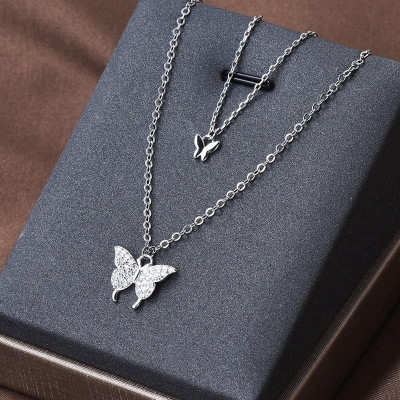 Picture of Silver Simple Brilliant Butterfly Pendant with Cubic Zirconia and Necklace Silver Adjustable