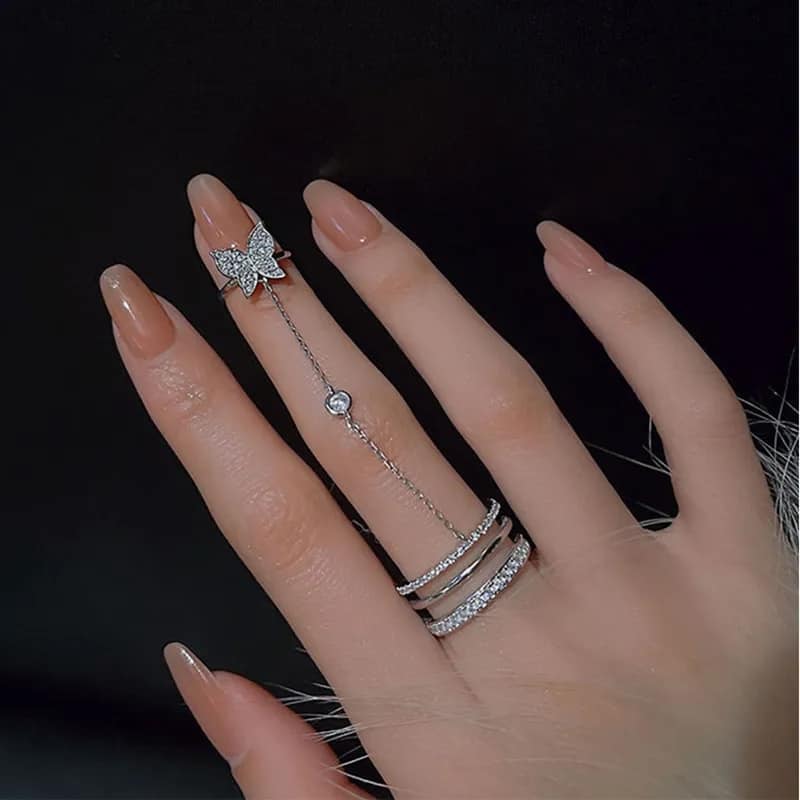 Picture of Butterfly Statement Rings for Women Crystal Rhinestones Finger Ring for Teen Girls with Chain Tassel Finger Tip Rings  Adjustable