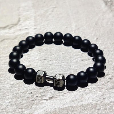 Picture of Stainless Steel  Black Stone Beaded Bracelet Fitness Fit Life Prayer Dumbbell Bracelets for Men Black 