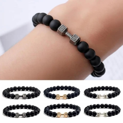 Picture of Stainless Steel  Black Stone Beaded Bracelet Fitness Fit Life Prayer Dumbbell Bracelets for Men Black 