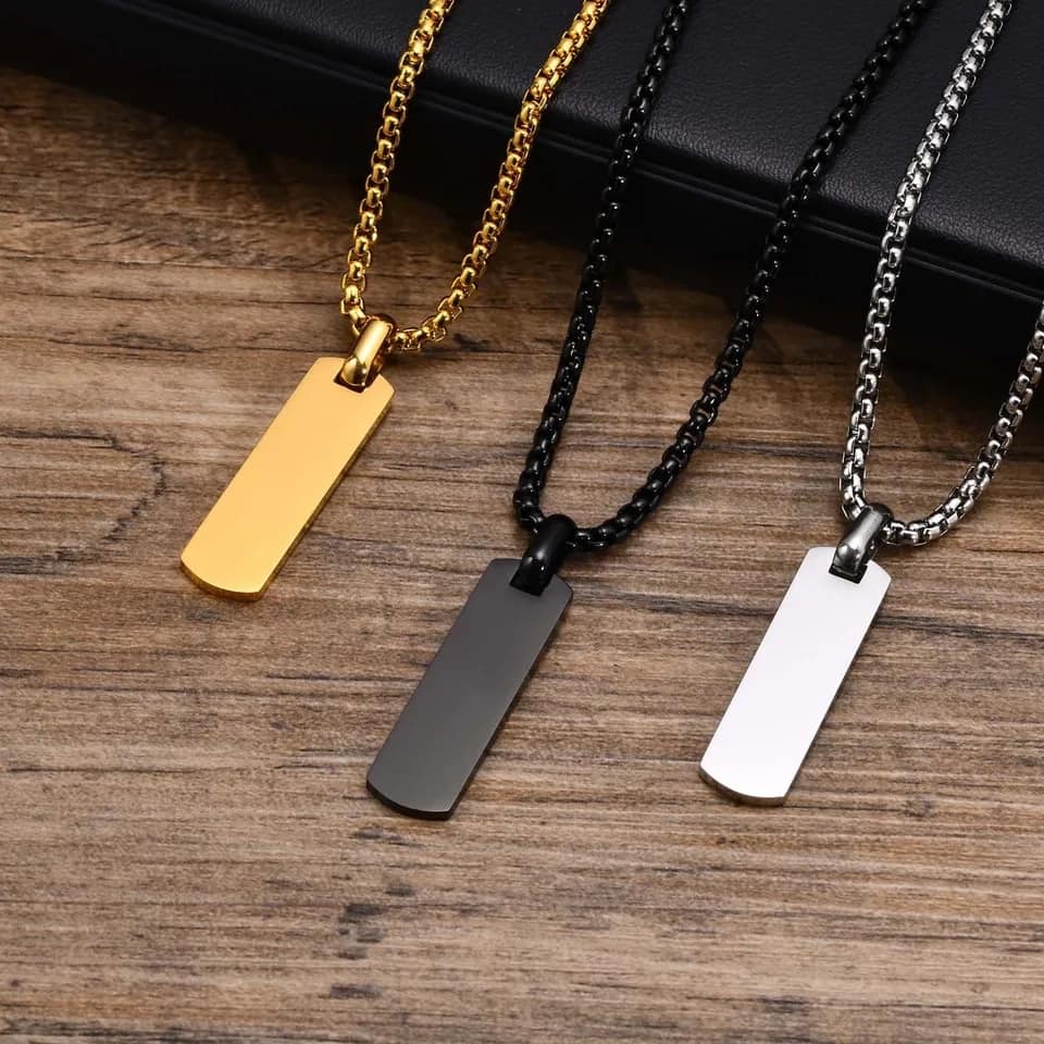 Picture of Black Silver Golden Rectangle Pendant Necklace for Men, Stainless Steel Length  
