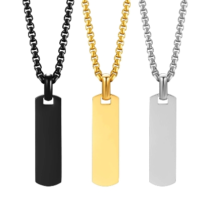 Picture of Black Silver Golden Rectangle Pendant Necklace for Men, Stainless Steel Length  