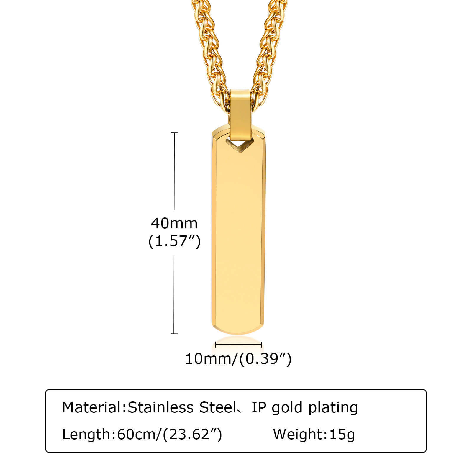 Picture of Black Silver Golden Rectangle Pendant Necklace for Men, Stainless Steel Length  