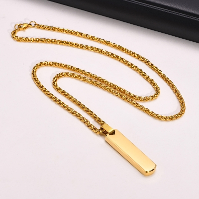 Picture of Simple Titanium Steel Necklace Men's Shiny Vertical Striped Rectangle Pendant Neck Fashionable Punk Jewelry Accessories Gold 