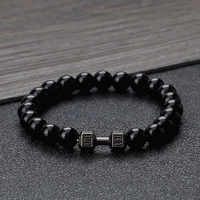 Picture of Stainless Steel  Black Stone Beaded Bracelet Fitness Fit Life Prayer Dumbbell Bracelets for Men Black 