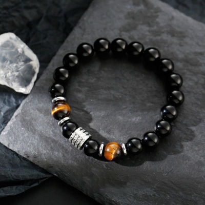 Picture of Natural Brown Tiger Stone Bracelet For  Men Black 