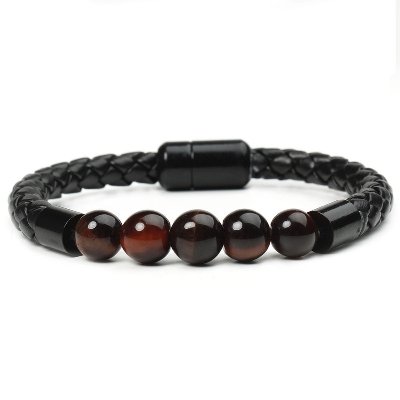 Picture of Men's Stainless Steel Black Button Leather Bracelet for Men Chocolate 