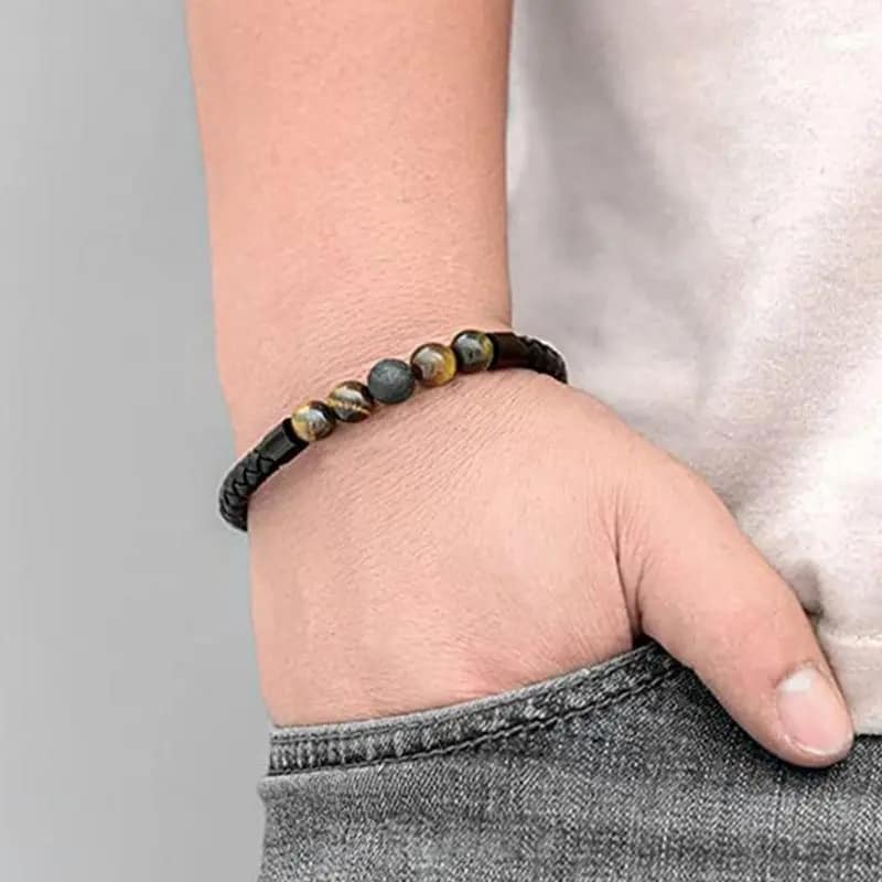 Picture of Black Stainless Steel Magnetic Buckle Tiger's Eye Bracelet Jewellery for Men Brown 