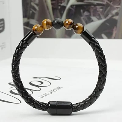 Picture of Black Stainless Steel Magnetic Buckle Tiger's Eye Bracelet Jewellery for Men Brown 