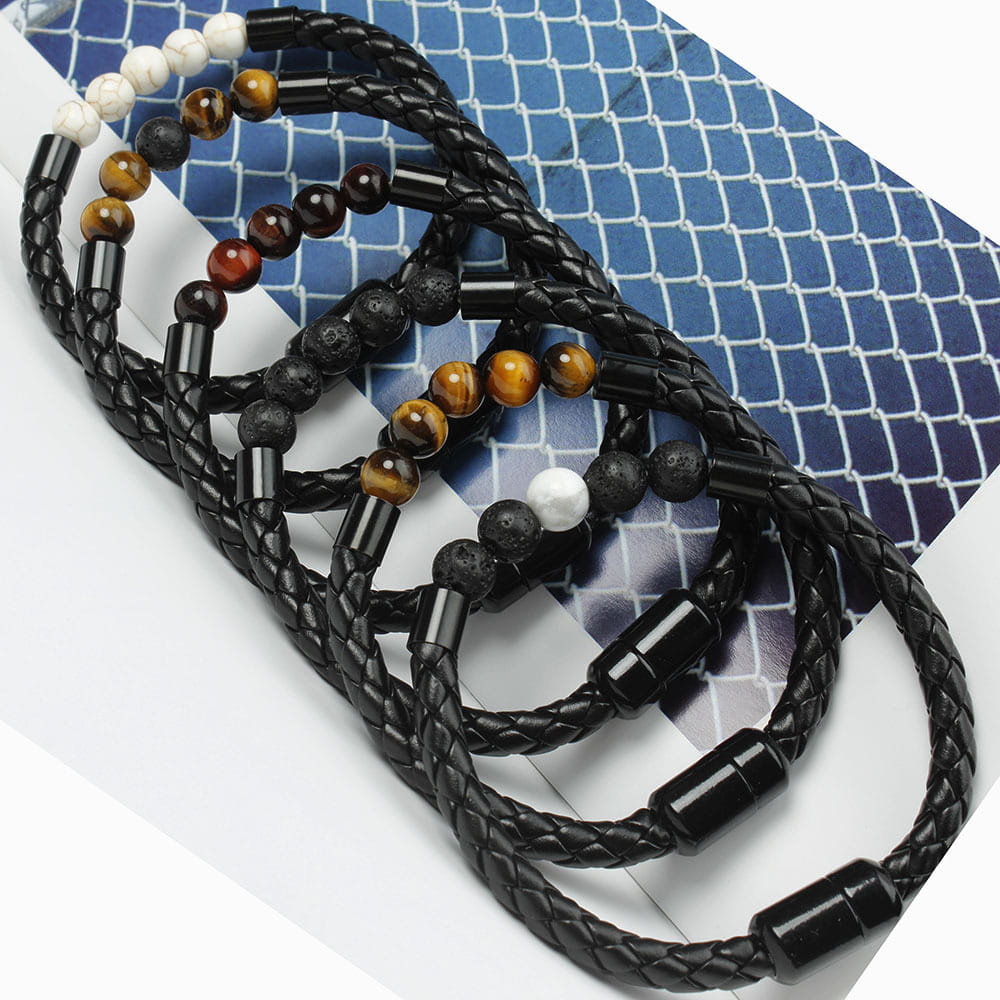 Picture of Black Stainless Steel Magnetic Buckle Tiger's Eye Bracelet Jewellery for Men Brown 