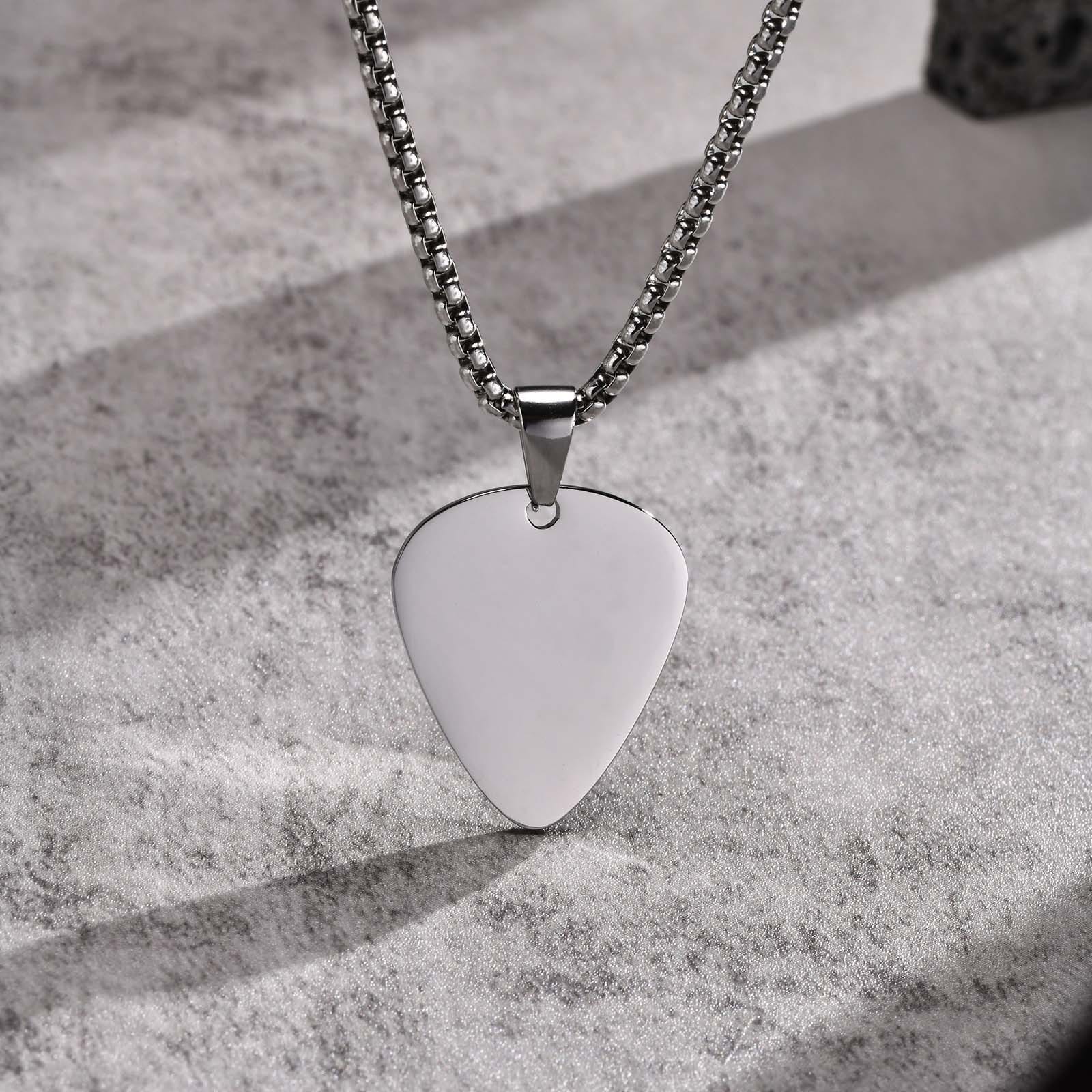 Picture of Stainless Steel  Blank Guitar Pick Pendant Necklace Chain  For Men/ Gift for Men/Boys Silver 