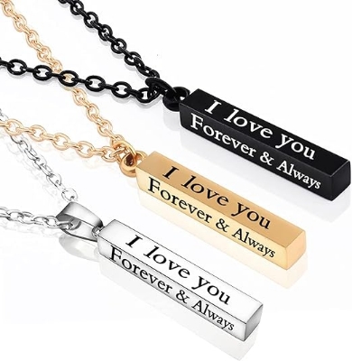 Picture of Black Silver I Love You Forever & Always Letter Charm Necklace Lettering Wishing Pendant For Men  
