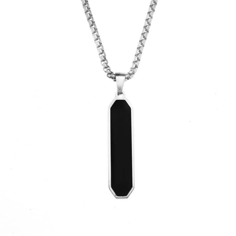 Picture of Pendant necklace on a stainless steel chain with a single titanium steel slanted rhombus pendant. Black 