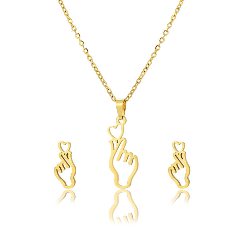 Picture of Korean Finger Heart Necklace and Earring Jewelry set Gold 