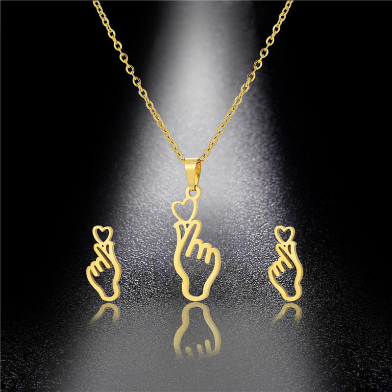 Picture of Korean Finger Heart Necklace and Earring Jewelry set Gold 