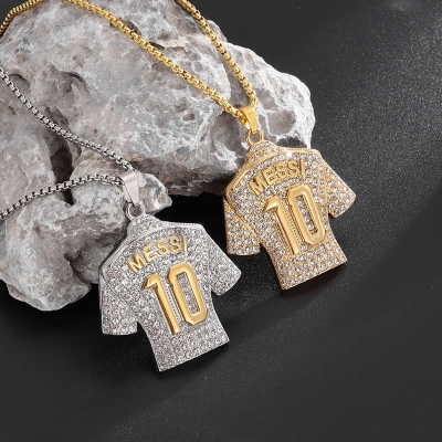 Picture of New Silver Golden Crystals Football MESSI Jersey Pendant Necklace Chain  for Men  