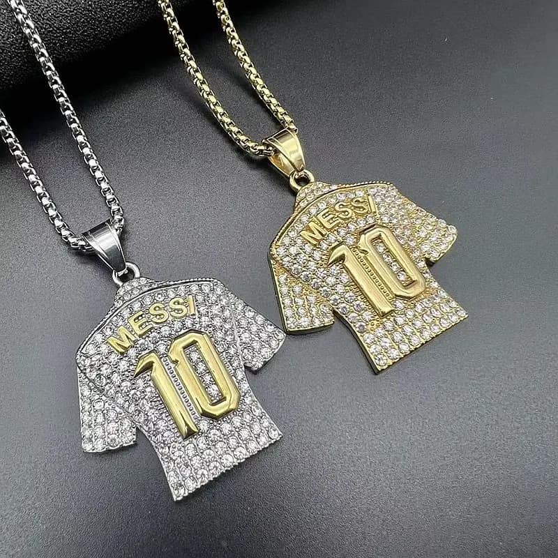 Picture of New Silver Golden Crystals Football MESSI Jersey Pendant Necklace Chain  for Men  