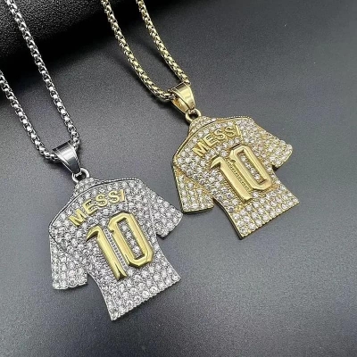Picture of New Silver Golden Crystals Football MESSI Jersey Pendant Necklace Chain  for Men  