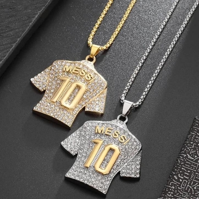 Picture of New Silver Golden Crystals Football MESSI Jersey Pendant Necklace Chain  for Men  