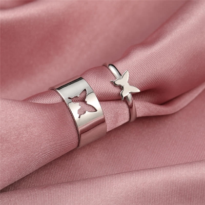 Picture of Butterfly Heart Rings for Women Men Lover Couple Ring Set Silver 