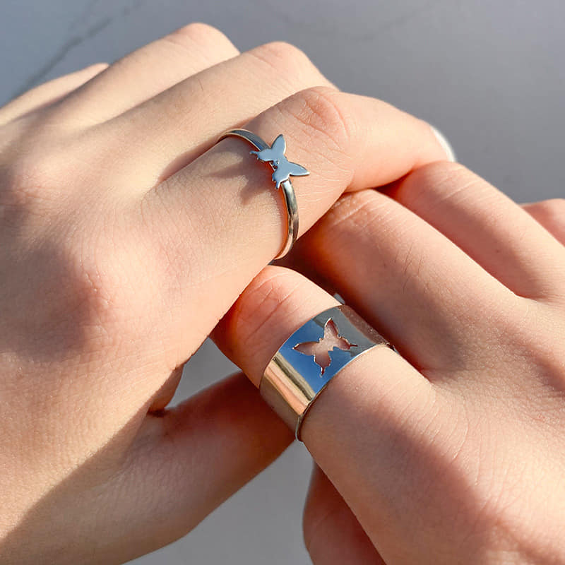Picture of Butterfly Heart Rings for Women Men Lover Couple Ring Set Silver 
