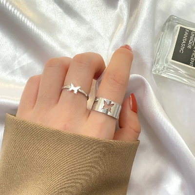 Picture of Butterfly Heart Rings for Women Men Lover Couple Ring Set Silver 