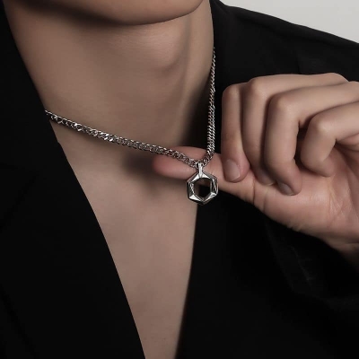 Picture of Simple Style Pendant Male Hexagonal Star Pattern Titanium Steel Pendant Necklace for Men Silver 