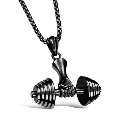 Picture of New Fashionable Dumbbell pendant men Gym Bodybuilding Weight Lifting Jewelry Charm Fitness For Men's Necklace Black 