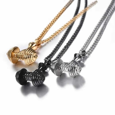 Picture of New Fashionable Dumbbell pendant men Gym Bodybuilding Weight Lifting Jewelry Charm Fitness For Men's Necklace Black 