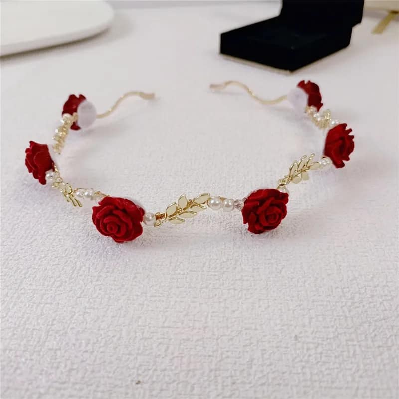 Picture of New Korean Crystal Flower Pearl Headband Beads Sweet Fashion Girl Thin Hair Band Hair Accessories Red 