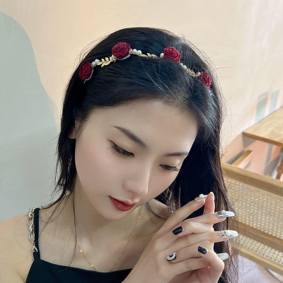 Picture of New Korean Crystal Flower Pearl Headband Beads Sweet Fashion Girl Thin Hair Band Hair Accessories Red 