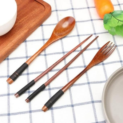 Picture of 4 Piece Reusable Wooden Cutlery Set for Beginners (Black) Multicolor 