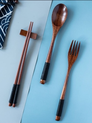 Picture of 4 Piece Reusable Wooden Cutlery Set for Beginners (Black) Multicolor 
