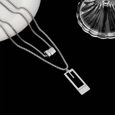 Picture of Black Silver   Enamel Natural Stone Pendant with Stainless Steel Box Chain Elegant Simple  Chain for Men  