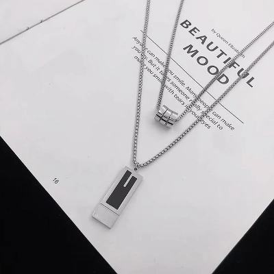 Picture of Black Silver   Enamel Natural Stone Pendant with Stainless Steel Box Chain Elegant Simple  Chain for Men  