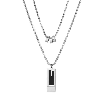 Picture of Black Silver   Enamel Natural Stone Pendant with Stainless Steel Box Chain Elegant Simple  Chain for Men  