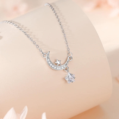 Picture of Korean Simple Pearl Star Moon Crystal Necklace Chain for Women  Adjustable