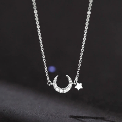 Picture of Korean Simple Pearl Star Moon Crystal Necklace Chain for Women  Adjustable
