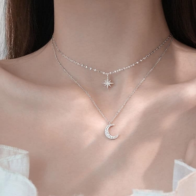 Picture of Double Layer Star Moon Pendant Necklace for Women  Adjustable
